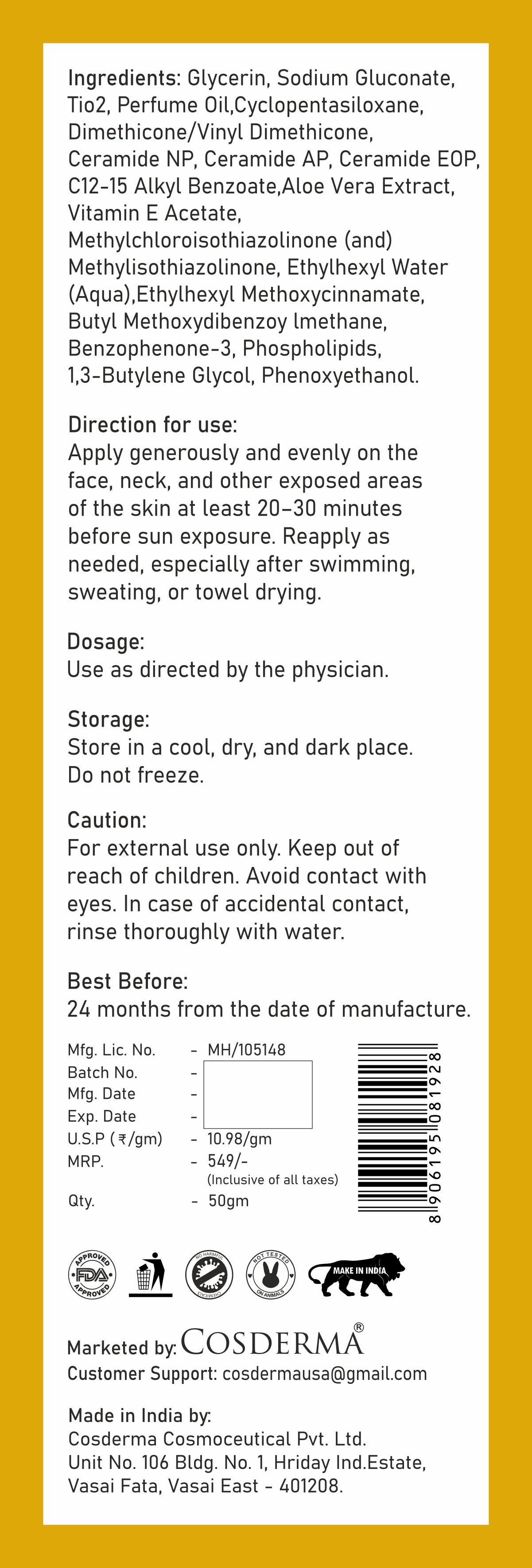 Cosderma Silicone Sunscreen – Broad Spectrum UV & Blue Light Shield with Ceramides | Matte, Water-Resistant, Ultra-Light Gel Formula