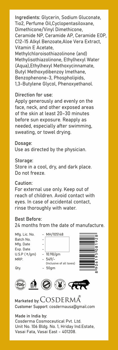 Cosderma Silicone Sunscreen – Broad Spectrum UV & Blue Light Shield with Ceramides | Matte, Water-Resistant, Ultra-Light Gel Formula