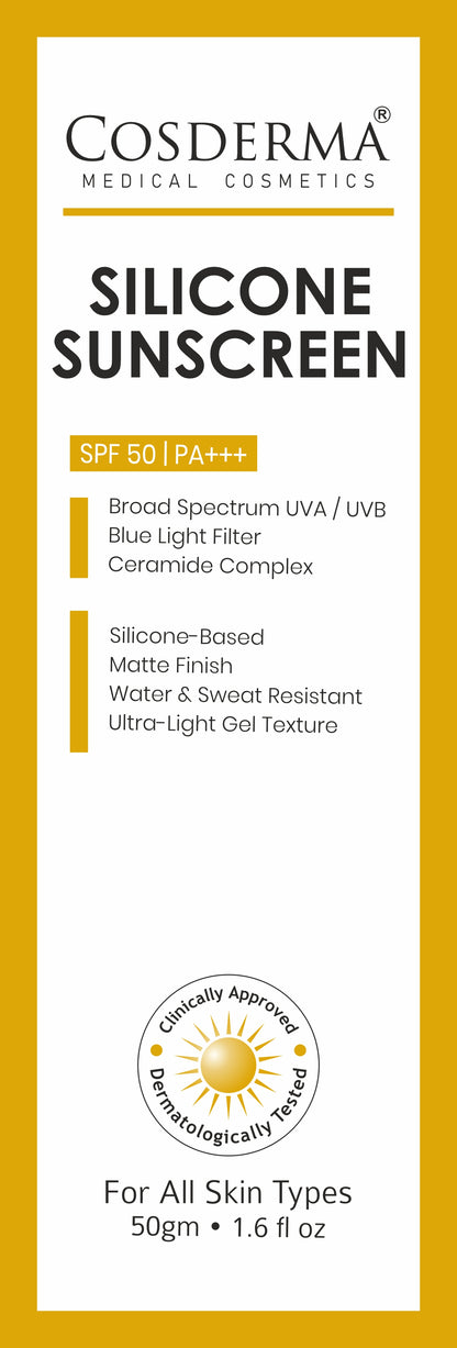 Cosderma Silicone Sunscreen – Broad Spectrum UV & Blue Light Shield with Ceramides | Matte, Water-Resistant, Ultra-Light Gel Formula
