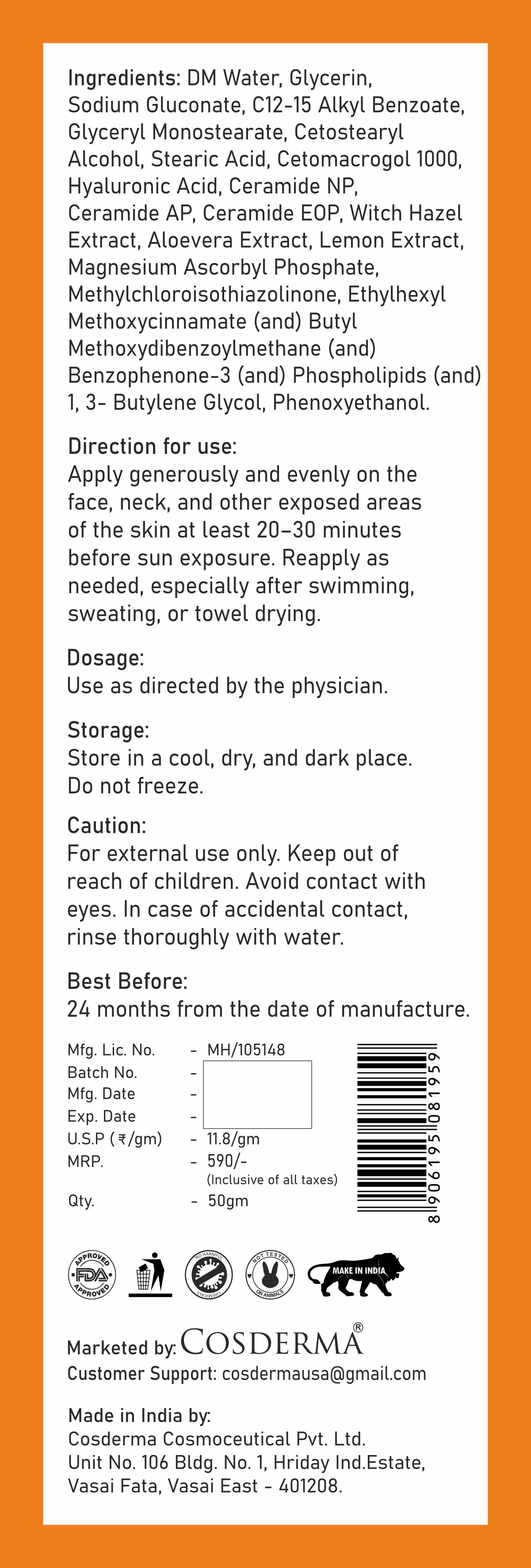 Cosderma Vitamin C Sunscreen – Brightening Broad Spectrum UV + Blue Light Protection with Ceramide Complex | Matte, Non-Comedogenic, Ultra-Light Texture