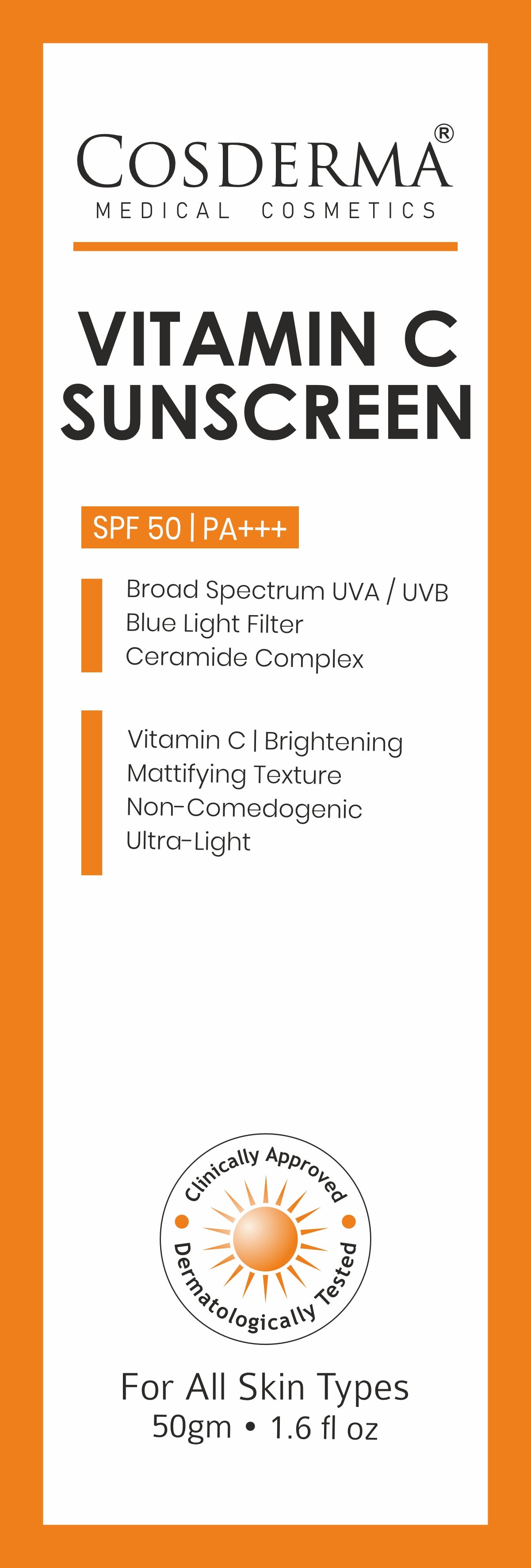 Cosderma Vitamin C Sunscreen – Brightening Broad Spectrum UV + Blue Light Protection with Ceramide Complex | Matte, Non-Comedogenic, Ultra-Light Texture