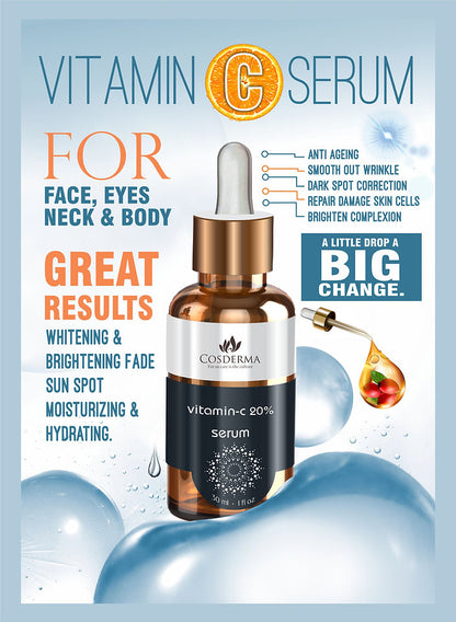 Cosderma Vitamin C 20% Serum - Brighten & Hydrate Skin | Professional Serum