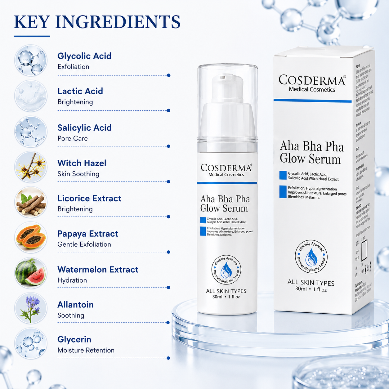 Cosderma AHA BHA PHA Glow Serum | Exfoliating & Brightening Serum