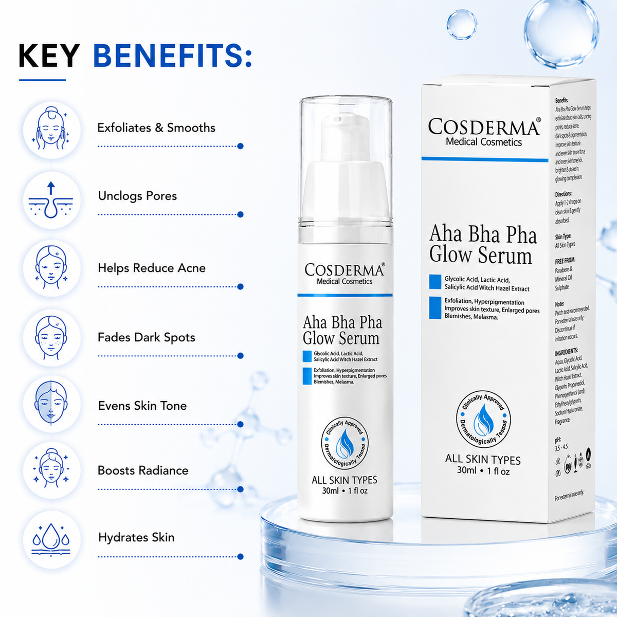 Cosderma AHA BHA PHA Glow Serum | Exfoliating & Brightening Serum