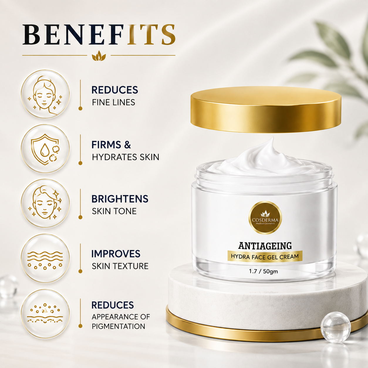 Cosderma Antiaging Hydra Face Cream - for Deep Hydration, Wrinkle Reduction, and Improved Skin Firmness