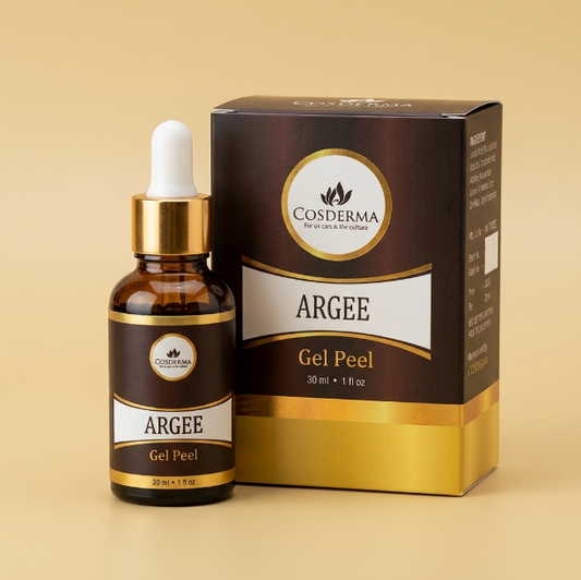 Cosderma Argée Gel Peel set featuring an amber glass dropper bottle with a gold cap and white dropper, next to its dark brown and gold retail box on a warm beige background.