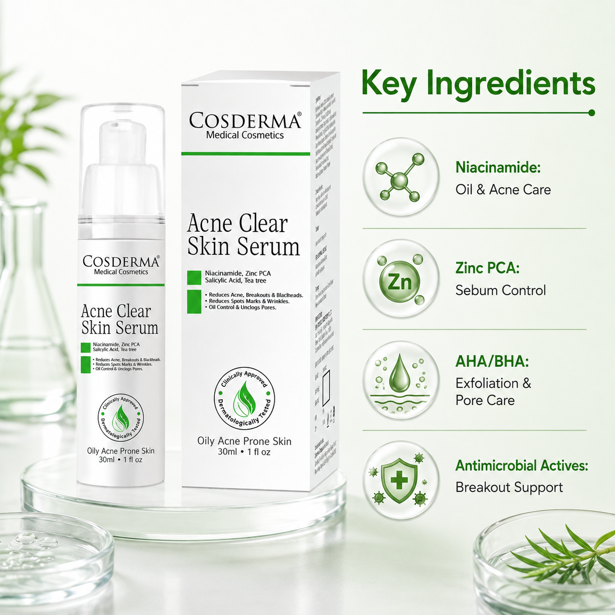 Cosderma Acne Clear Skin Serum | Niacinamide & Zinc PCA for Acne-Prone Skin