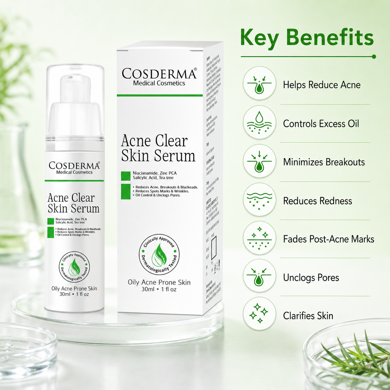 Cosderma Acne Clear Skin Serum | Niacinamide & Zinc PCA for Acne-Prone Skin