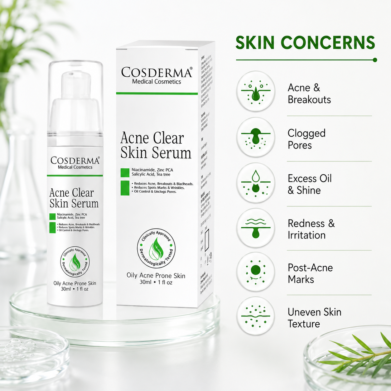 Cosderma Acne Clear Skin Serum | Niacinamide & Zinc PCA for Acne-Prone Skin