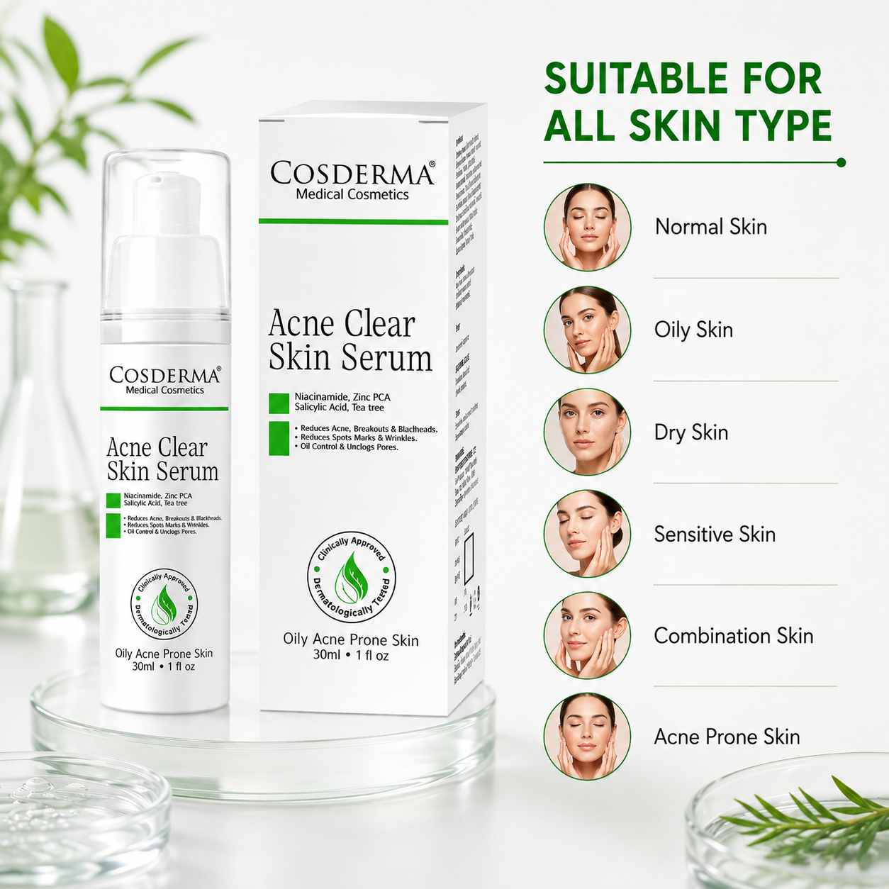 Cosderma Acne Clear Skin Serum | Niacinamide & Zinc PCA for Acne-Prone Skin
