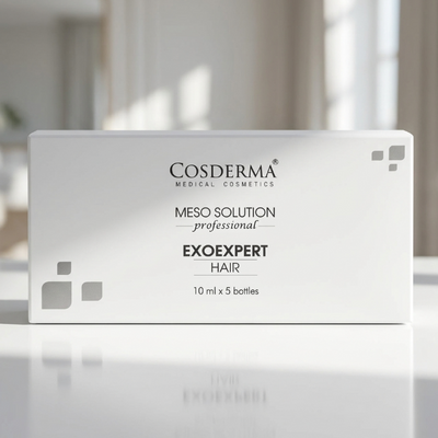 Cosderma ExoExpert Hair meso solution packaging on a blurred background