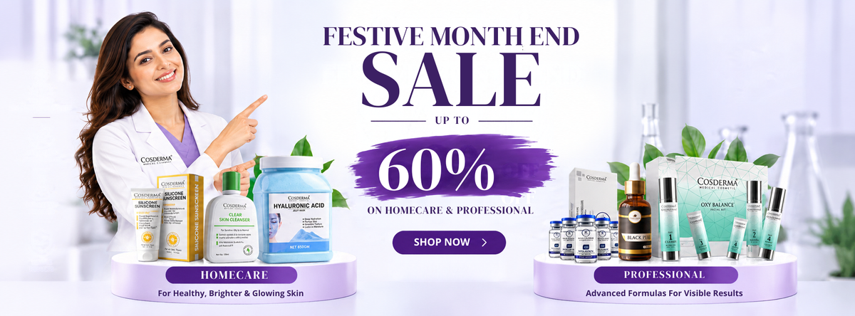 A promotional banner for a 'Festive Month End Sale' featuring a woman in a lab coat pointing towards products on display. The banner advertises up to 60% off on home care and professional skincare, showing bottles, jars, and boxes of products on purple pedestals against a bright white background.