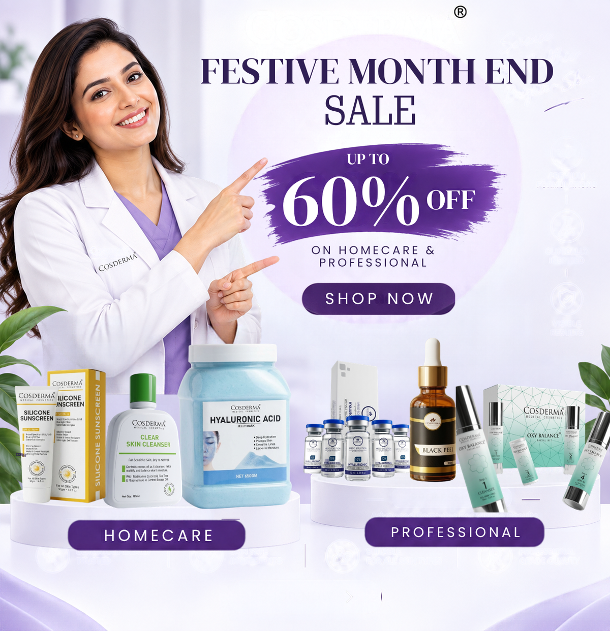 A promotional sale graphic for Contibella skincare, featuring a smiling female doctor pointing toward large sale text that reads 'Festive Month End Sale Up to 60% Off on Homecare & Professional' with 'Shop Now' below. Multiple skincare products are displayed on pedestals labeled 'Homecare' and 'Professional' against a light lavender background.