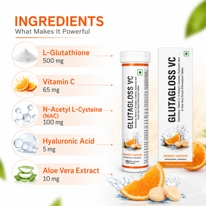 Cosderma Glutagloss VC Effervescent Tablets – Glutathione, Vitamin C, NAC, Hyaluronic Acid & Aloe Vera Extract (Orange Flavour) | 15 Tablets