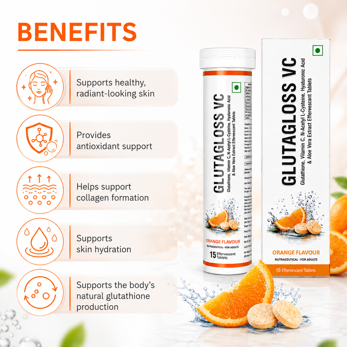 Cosderma Glutagloss VC Effervescent Tablets – Glutathione, Vitamin C, NAC, Hyaluronic Acid & Aloe Vera Extract (Orange Flavour) | 15 Tablets