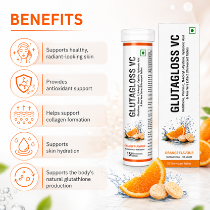 Cosderma Glutagloss VC Effervescent Tablets – Glutathione, Vitamin C, NAC, Hyaluronic Acid & Aloe Vera Extract (Orange Flavour) | 15 Tablets
