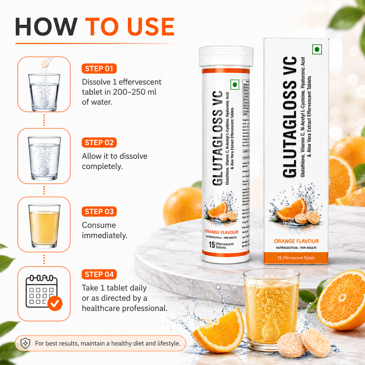 Cosderma Glutagloss VC Effervescent Tablets – Glutathione, Vitamin C, NAC, Hyaluronic Acid & Aloe Vera Extract (Orange Flavour) | 15 Tablets