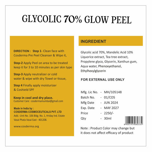 Cosderma Glycolic 70% Glow Peel - Deep Exfoliation & Skin Renewal | Chemical Peeling Facial Kit