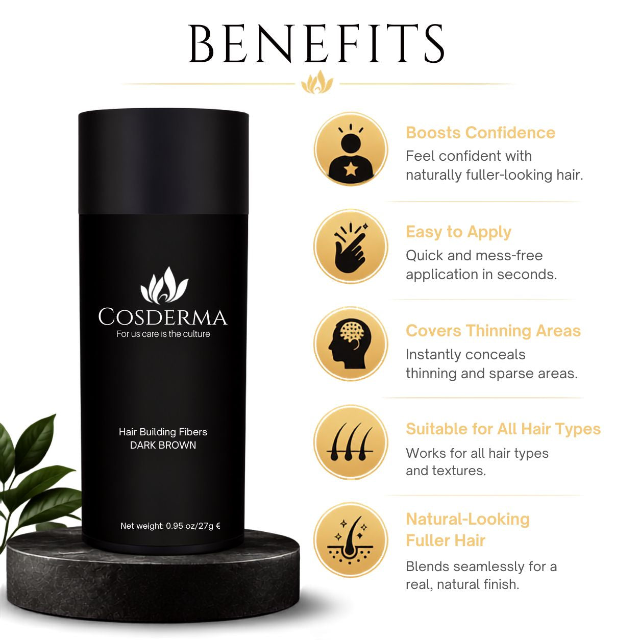 Cosderma Hair Building Fiber Dark Brown - Natural Keratin Hair Thickening Fibers