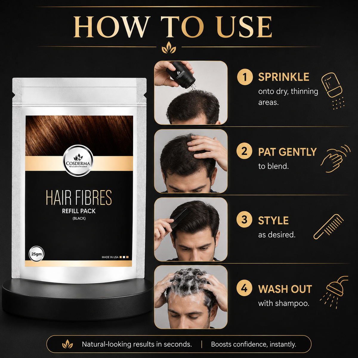 Cosderma Hair Building Fiber Refill Pack - Black (Pack of 2) | Hair Loss Concealer