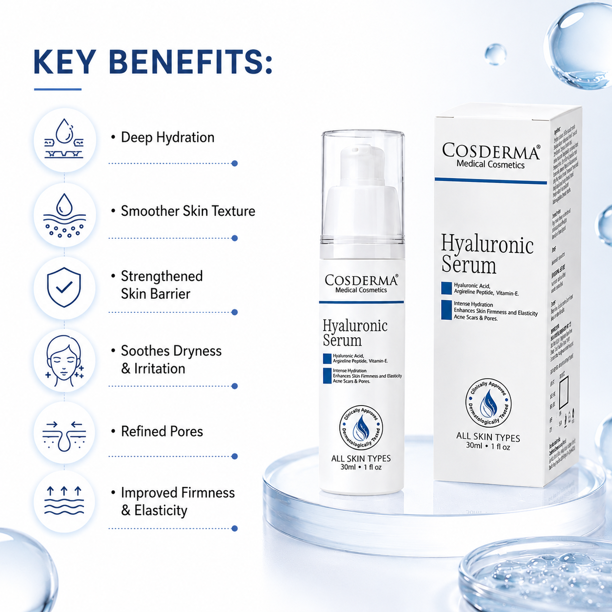 Cosderma Hyaluronic Acid Serum | Hydration, Firming & Skin Texture Enhancement