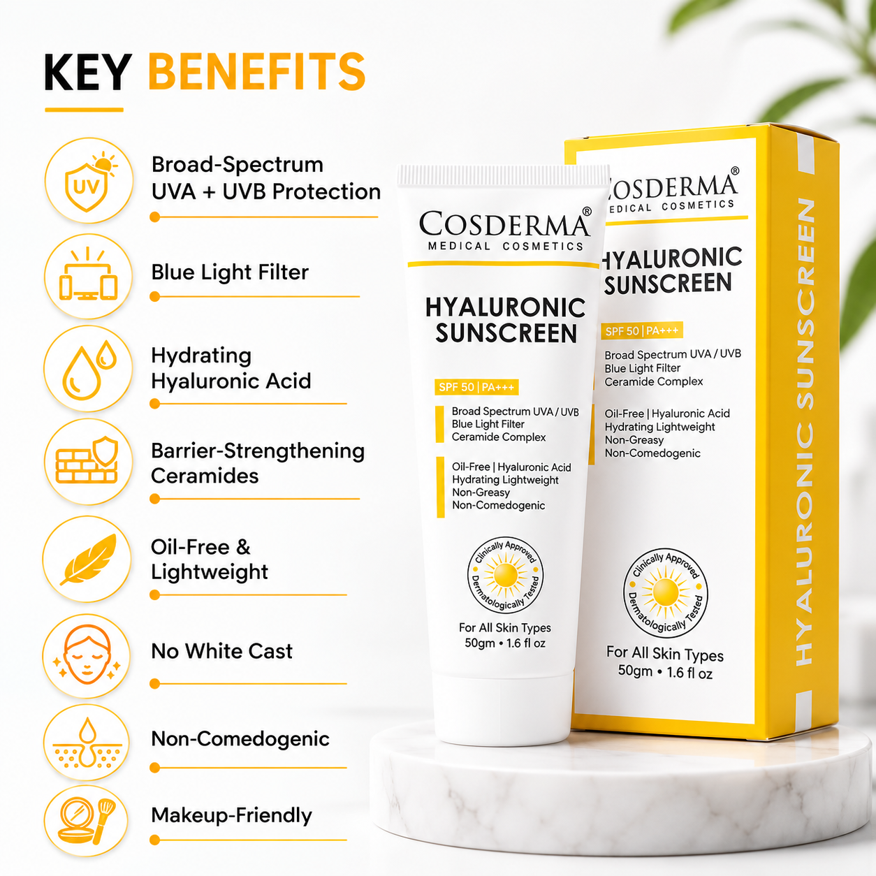 Cosderma Hyaluronic Sunscreen – Oil-Free Hydrating Broad Spectrum UV & Blue Light Protection with Ceramide Complex