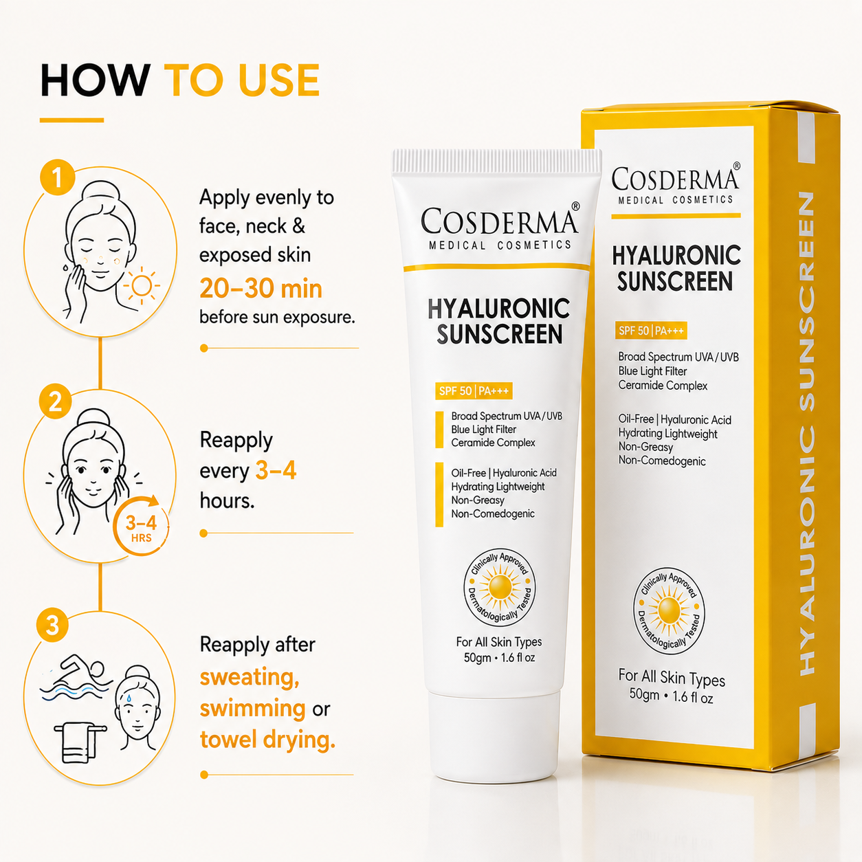 Cosderma Hyaluronic Sunscreen – Oil-Free Hydrating Broad Spectrum UV & Blue Light Protection with Ceramide Complex