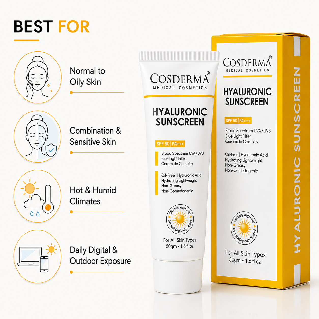 Cosderma Hyaluronic Sunscreen – Oil-Free Hydrating Broad Spectrum UV & Blue Light Protection with Ceramide Complex