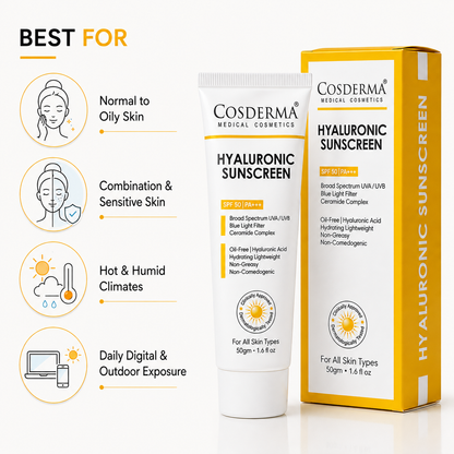 Cosderma Hyaluronic Sunscreen – Oil-Free Hydrating Broad Spectrum UV & Blue Light Protection with Ceramide Complex
