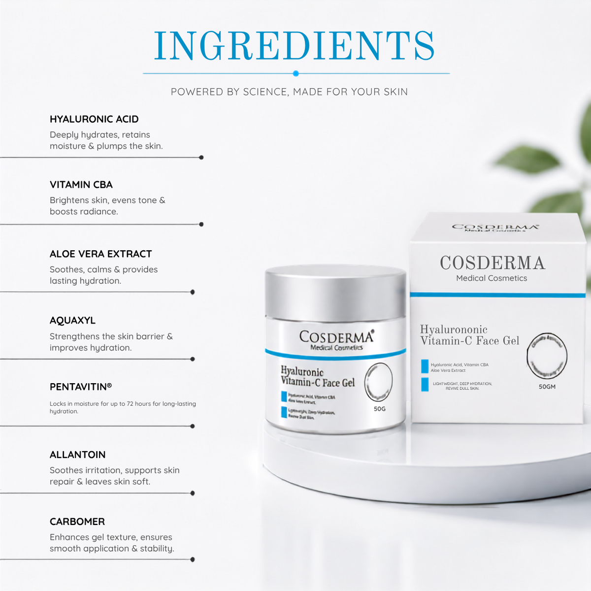 Cosderma Hyaluronic Vitamin-C Face Gel – Hydration & Brightening