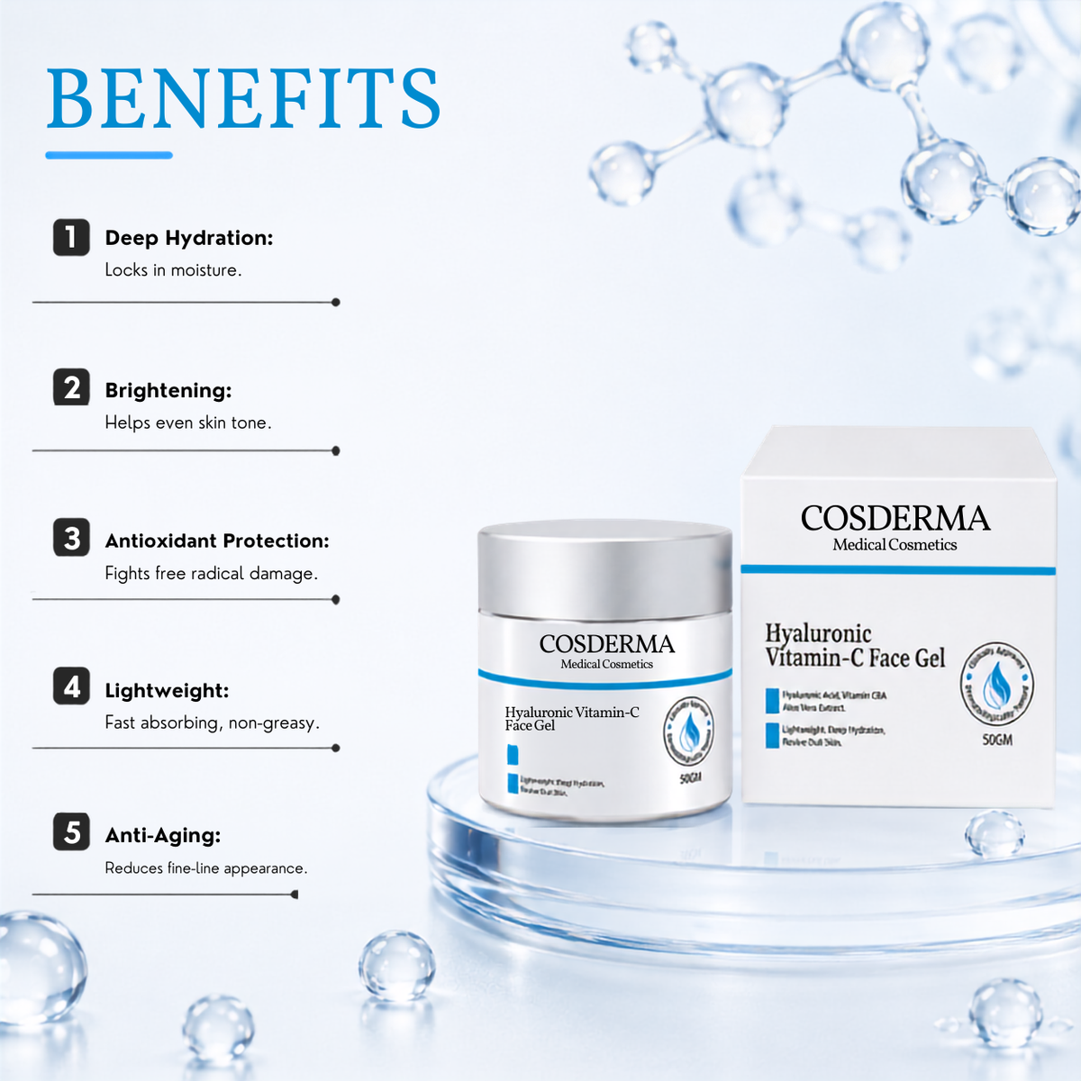 Cosderma Hyaluronic Vitamin-C Face Gel – Hydration & Brightening