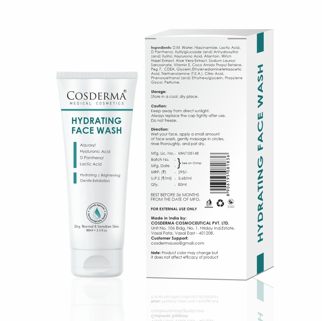 Cosderma Hydrating Face Wash – Gentle Cleanser with Aquaxyl, Hyaluronic Acid, D-Panthenol & Lactic Acid for Deep Moisturization & Soft, Supple Skin