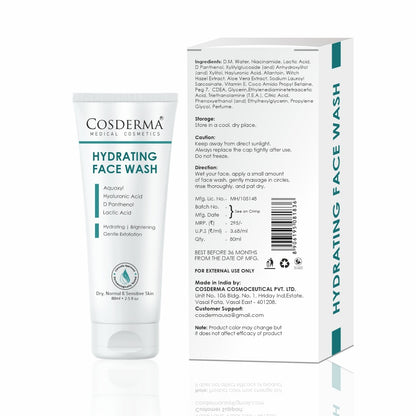 Cosderma Hydrating Face Wash – Gentle Cleanser with Aquaxyl, Hyaluronic Acid, D-Panthenol & Lactic Acid for Deep Moisturization & Soft, Supple Skin