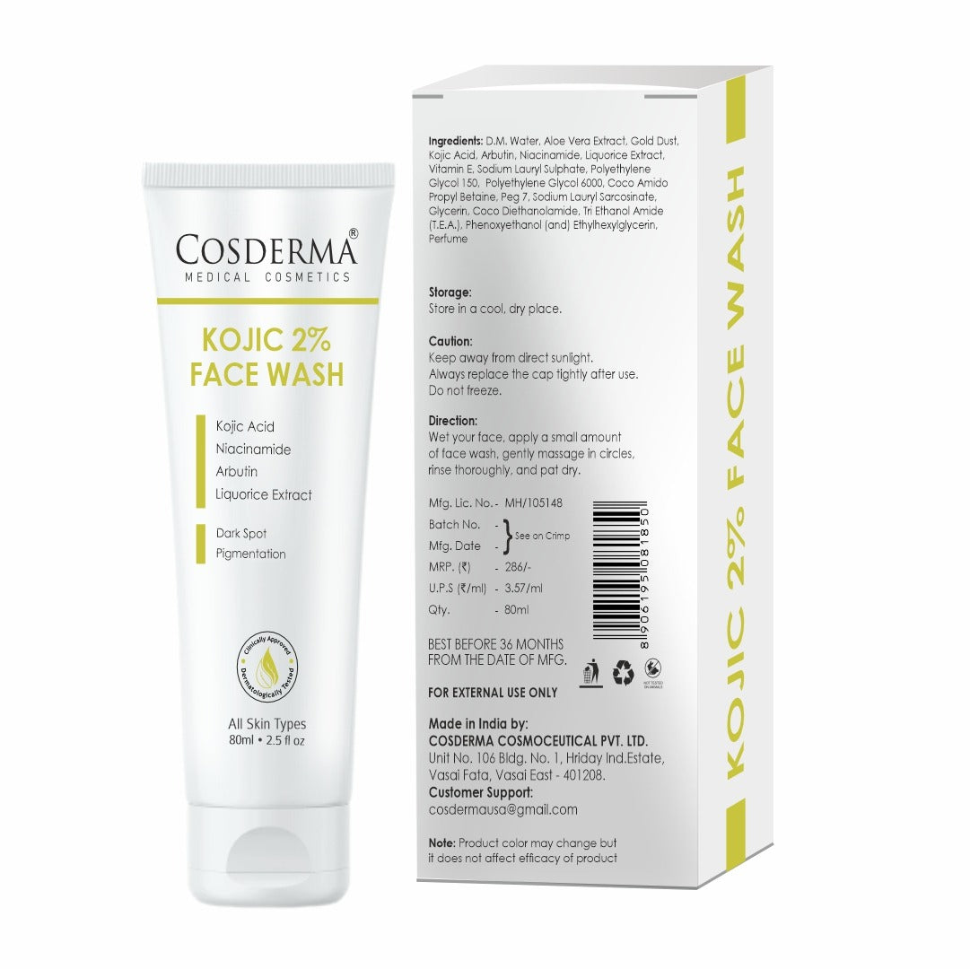 Cosderma Kojic 2% Face Wash – Brightening Cleanser with Kojic Acid, Niacinamide, Arbutin & Liquorice Extract for Pigmentation, Tan & Uneven Skin Tone