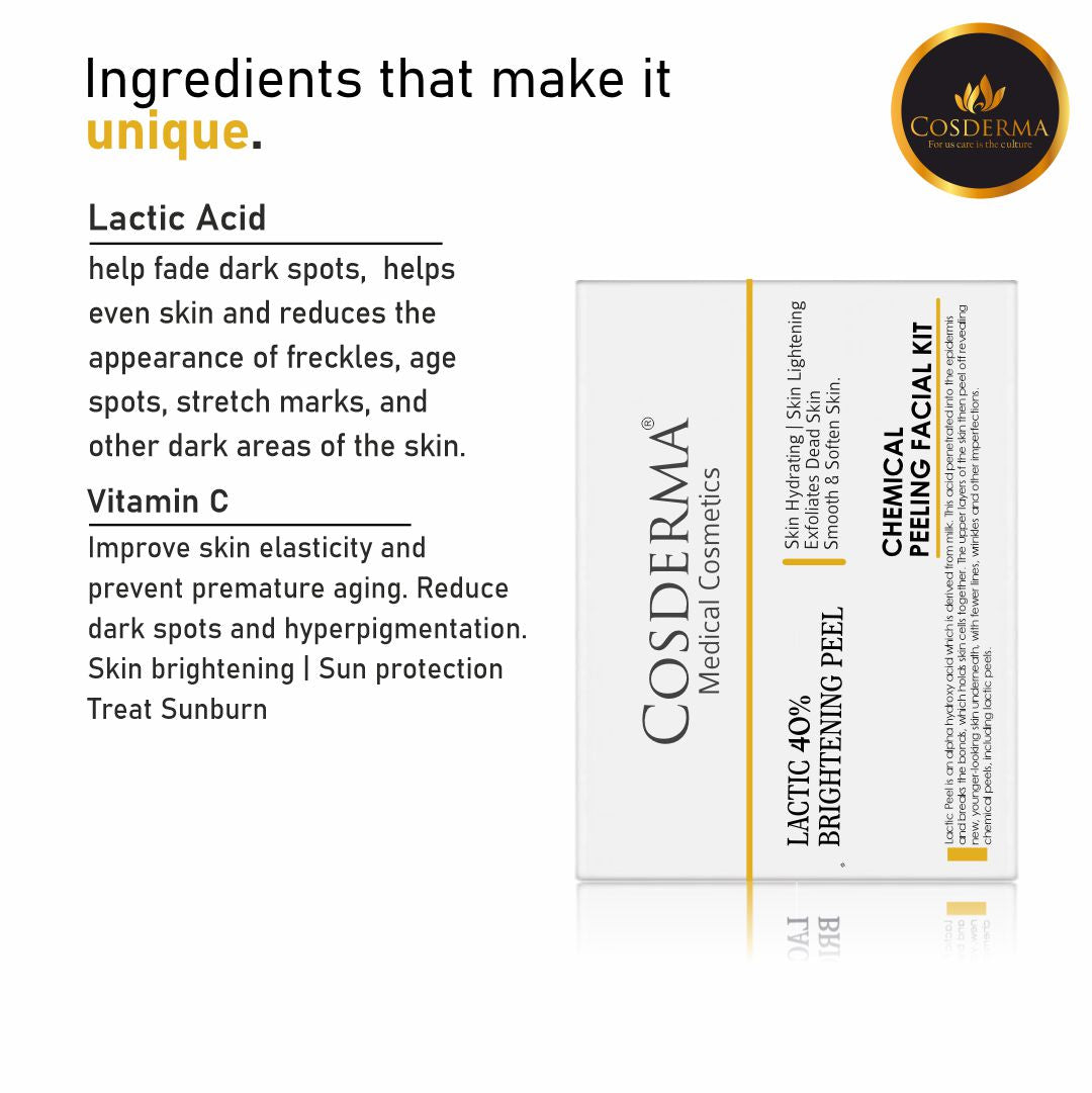 Cosderma Lactic 40% Brightening Peel - Rejuvenate & Brighten Your Skin | Chemical Peeling Facial Kit