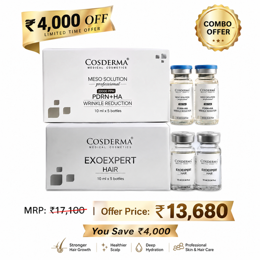 Cosderma Medical Cosmetics combo offer showing two white boxes (Meso Solution Wrinkle Reduction and ExoExpert Hair) alongside four glass vials with blue and silver caps, set against a white background with promotional gold banners.