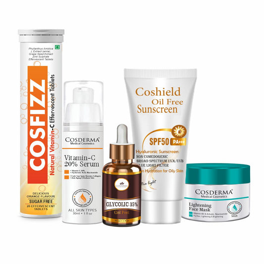 Radiance Boosting Kit – The Ultimate Skincare Solution for Glowing Skin (with Glycolic 35% Peel, Lightening Face Mask, SPF 50, Vitamin C Serum & Tablets)