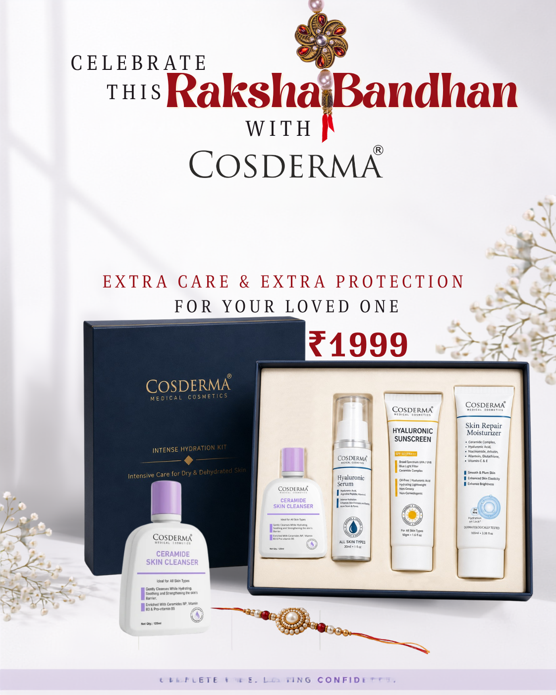 Cosderma Rakshabandhan gift set featuring a dark navy blue box, a ceramic skin cleanser bottle, a hydration serum bottle, and a hyaluronic moisturizer tube, displayed alongside a red and gold decorative garland and a small red and gold rakhi on a white background with festive text.