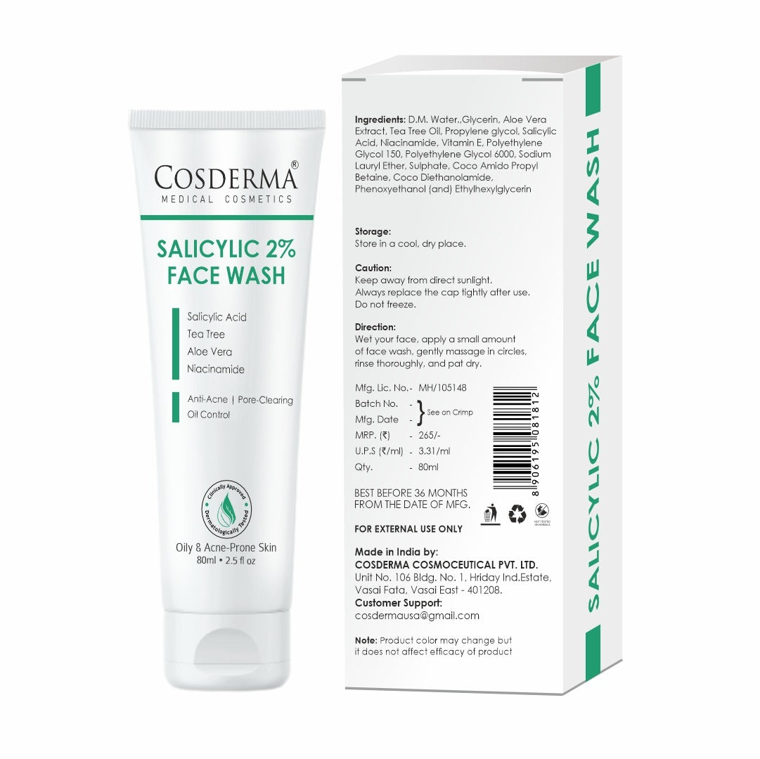 Cosderma Salicylic 2% Face Wash – Deep Cleansing Anti-Acne Face Wash with Tea Tree, Aloe Vera & Niacinamide for Clear, Oil-Free Skin