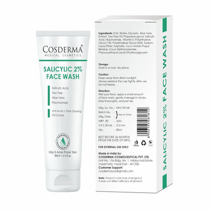 Cosderma Salicylic 2% Face Wash – Deep Cleansing Anti-Acne Face Wash with Tea Tree, Aloe Vera & Niacinamide for Clear, Oil-Free Skin