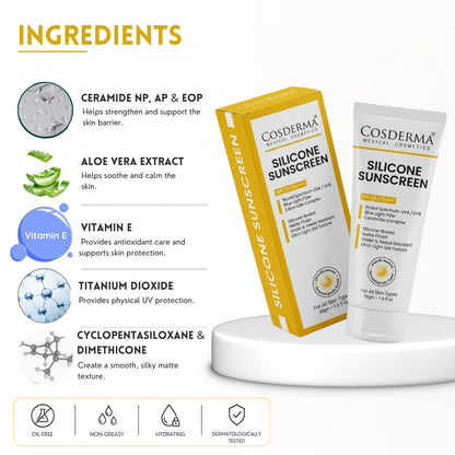 Cosderma Silicone Sunscreen – Broad Spectrum UV & Blue Light Shield with Ceramides | Matte, Water-Resistant, Ultra-Light Gel Formula