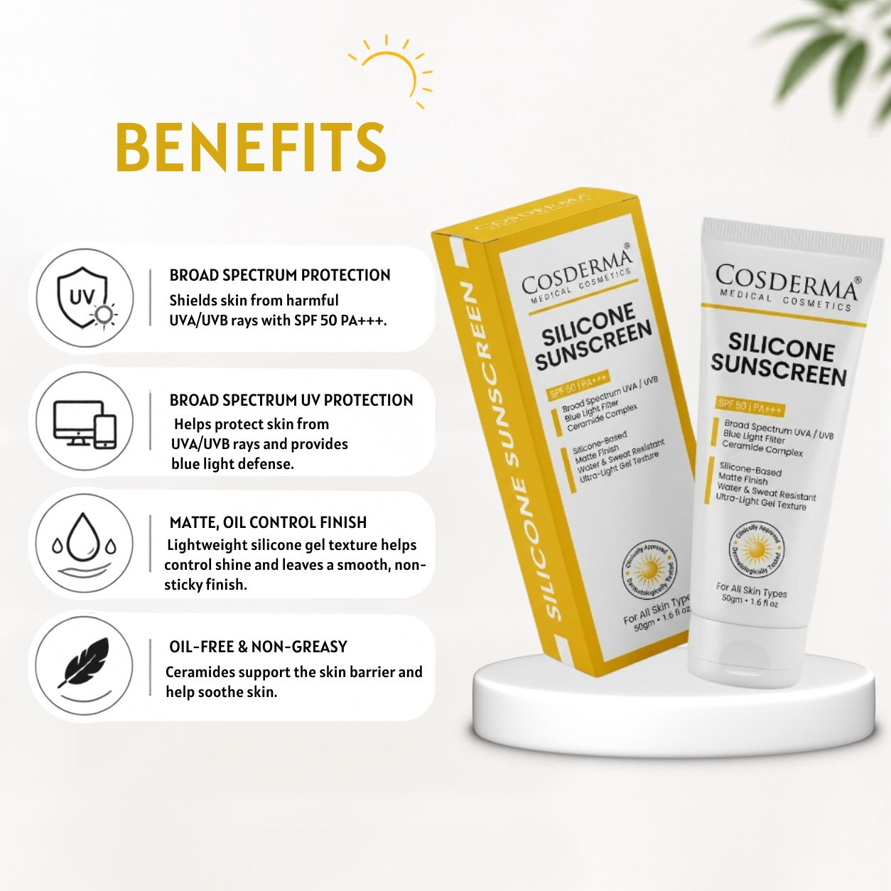 Cosderma Silicone Sunscreen – Broad Spectrum UV & Blue Light Shield with Ceramides | Matte, Water-Resistant, Ultra-Light Gel Formula