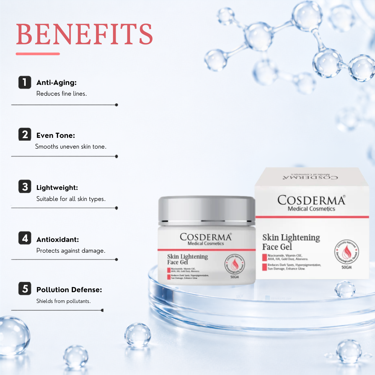 Cosderma Skin Lightening Face Gel | Anti-Aging & Even Skin Tone