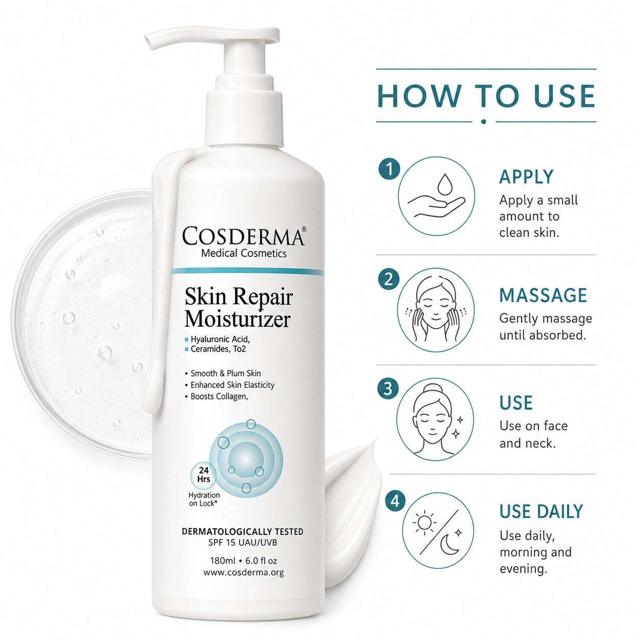 Cosderma Skin Repair Moisturizer with Hyaluronic Acid, Ceramides, and UV Protection