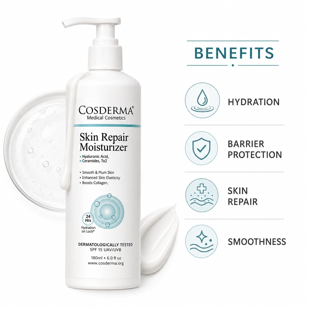 Cosderma Skin Repair Moisturizer with Hyaluronic Acid, Ceramides, and UV Protection