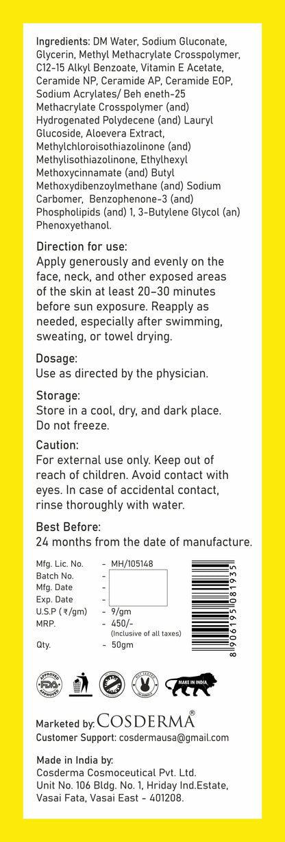 Cosderma Gel Base Sunscreen – Broad Spectrum UVA/UVB & Blue Light Shield with Ceramide Complex (Oil-Free, Ultra-Light Formula)