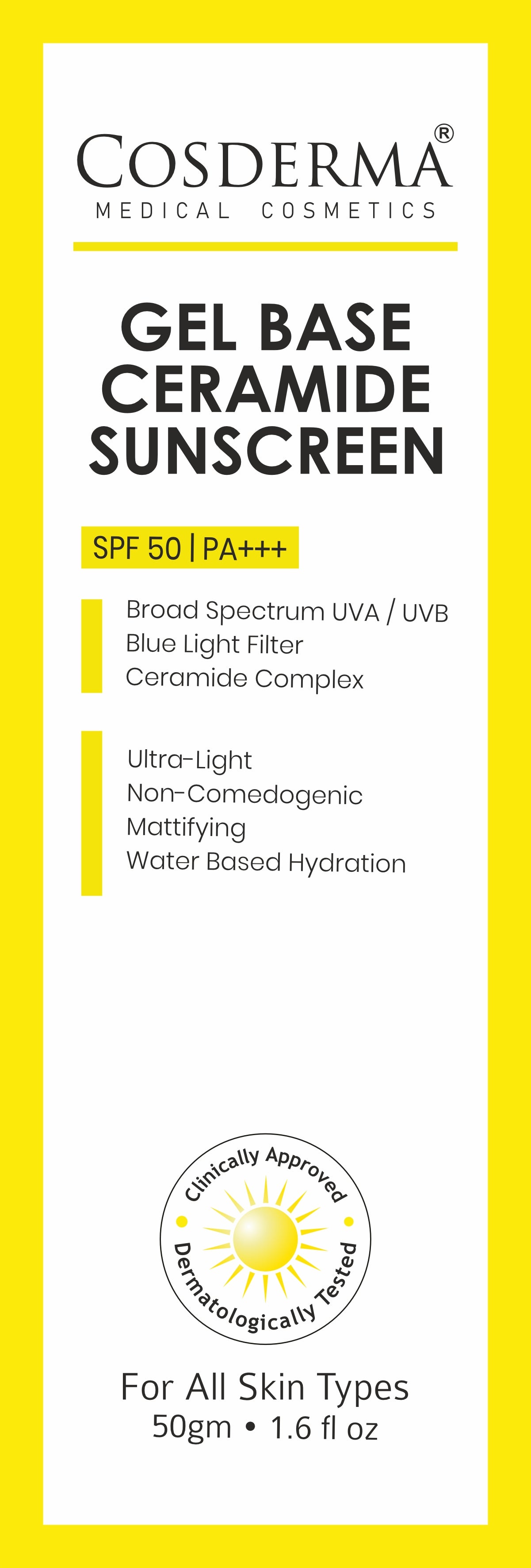 Cosderma Gel Base Sunscreen – Broad Spectrum UVA/UVB & Blue Light Shield with Ceramide Complex (Oil-Free, Ultra-Light Formula)