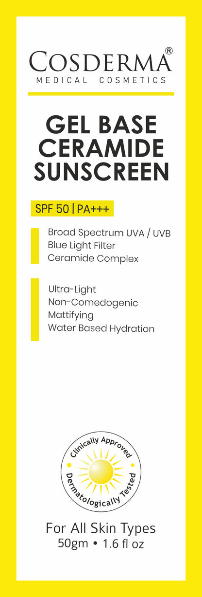 Cosderma Gel Base Sunscreen – Broad Spectrum UVA/UVB & Blue Light Shield with Ceramide Complex (Oil-Free, Ultra-Light Formula)