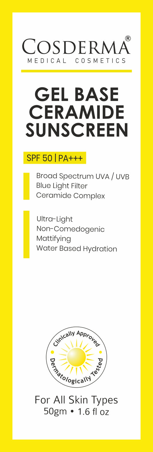 Cosderma Gel Base Sunscreen – Broad Spectrum UVA/UVB & Blue Light Shield with Ceramide Complex (Oil-Free, Ultra-Light Formula)
