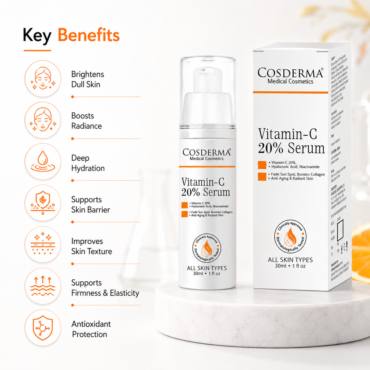 Cosderma Vitamin C 20% Serum with Hyaluronic Acid and Niacinamide - Brightening & Hydrating Skin Care
